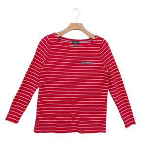 Lauren Jeans Co. Red Knit Top Stripes Long Sleeve Boat Neck Womens Size Small